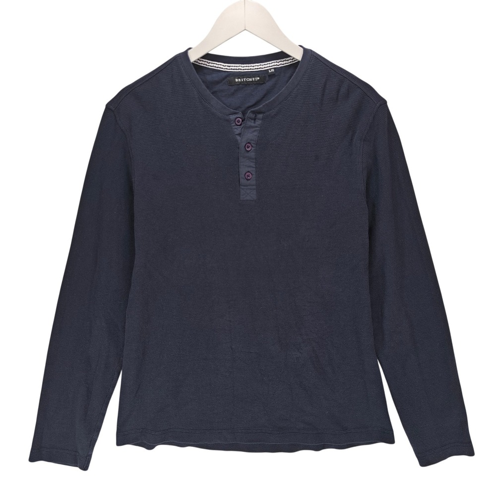 Britches Mens Large Navy Blue Waffle Knit Long Sleeve Henley Shirt 100% Cotton